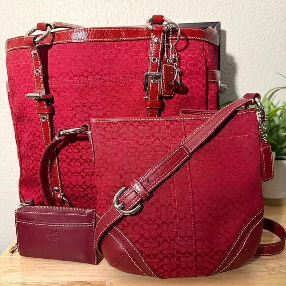 COACH Vintage 3 Piece Set Red Mini “C” Canvas & Leather Tote, Crossbody, Wallet. - Picture 11 of 11